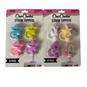 CharCharms Straw Toppers 4 Pk Lot 8 Total Star‎ Unicorn Rainbow Stanley Tumblers